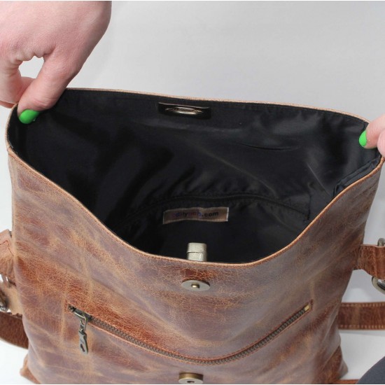 Roman Flap over Fold over Bag Tan Scrunchy Leather